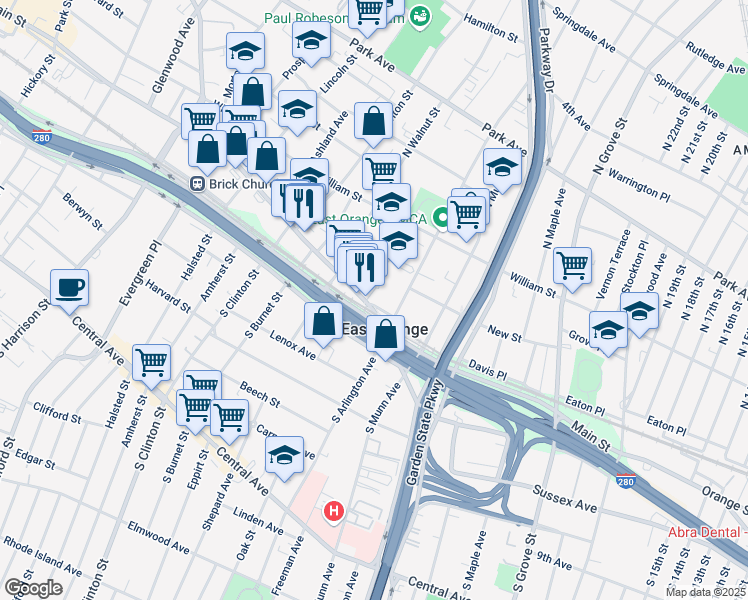 map of restaurants, bars, coffee shops, grocery stores, and more near 12 Winans Street in East Orange