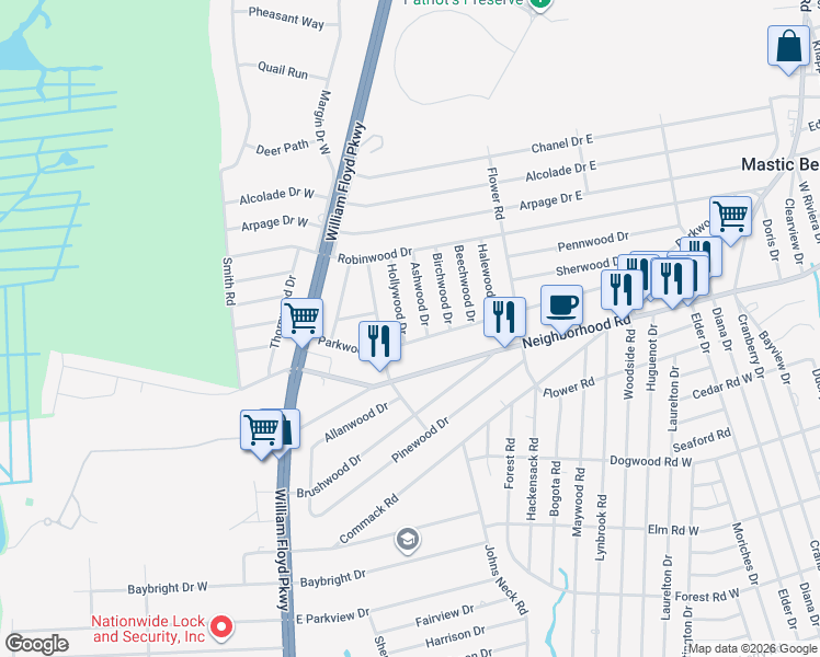 map of restaurants, bars, coffee shops, grocery stores, and more near 12 Ashwood Drive in Shirley