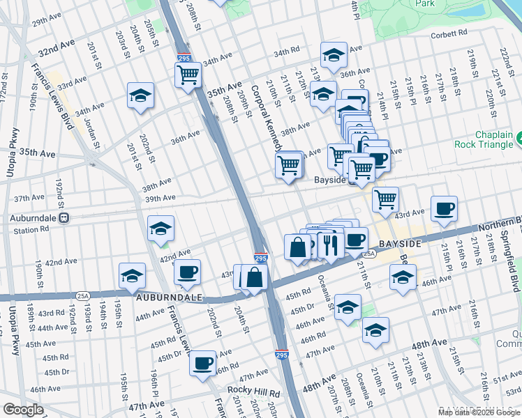 map of restaurants, bars, coffee shops, grocery stores, and more near 40-04 208th Street in Queens