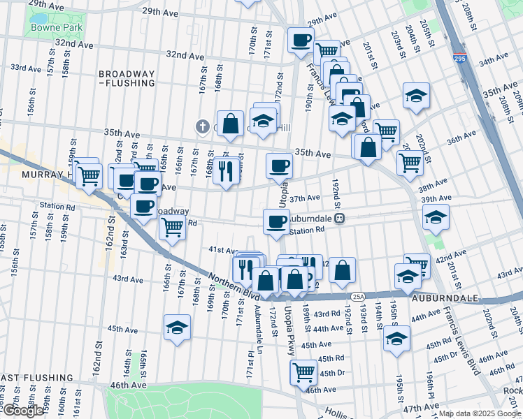 map of restaurants, bars, coffee shops, grocery stores, and more near 36-17 172nd Street in Queens