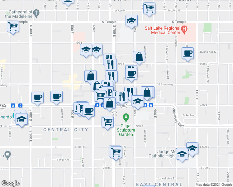map of restaurants, bars, coffee shops, grocery stores, and more near 726 East 300 South in Salt Lake City
