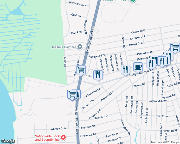 map of restaurants, bars, coffee shops, grocery stores, and more near 14 Maplewood Drive in Shirley