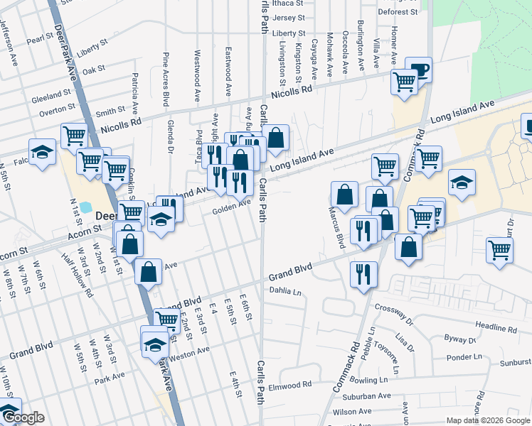 map of restaurants, bars, coffee shops, grocery stores, and more near 1-72 Parkcenter Drive in Deer Park