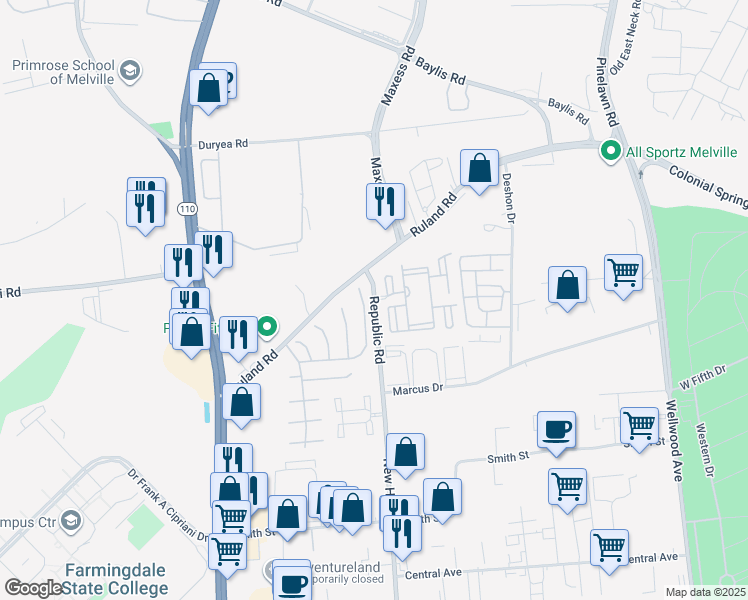 map of restaurants, bars, coffee shops, grocery stores, and more near 208 Cranberry Court in Melville