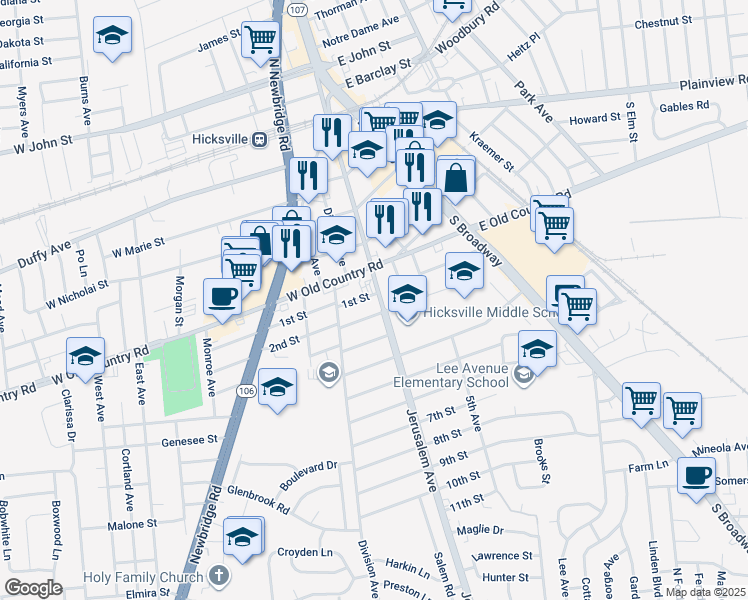 map of restaurants, bars, coffee shops, grocery stores, and more near 125 West Old Country Road in Hicksville