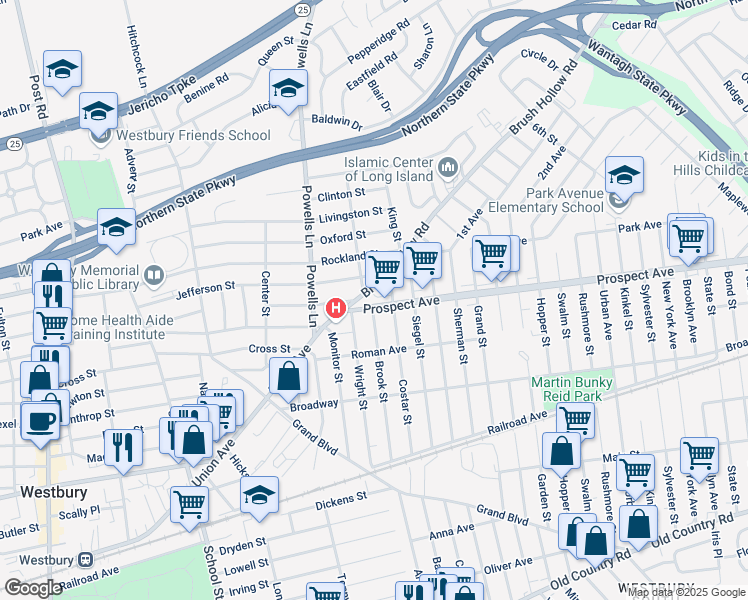 map of restaurants, bars, coffee shops, grocery stores, and more near 736 Brush Hollow Road in Westbury