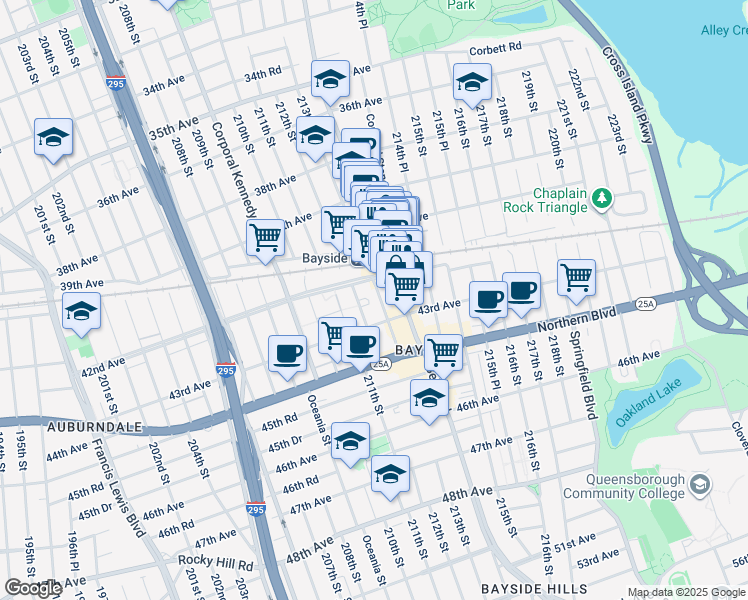 map of restaurants, bars, coffee shops, grocery stores, and more near 212-16 42nd Avenue in Queens