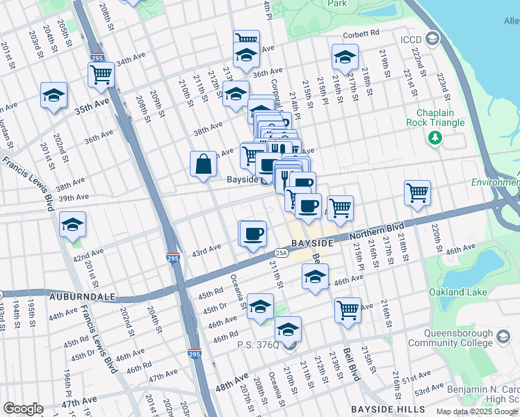 map of restaurants, bars, coffee shops, grocery stores, and more near 211-9 42nd Avenue in Queens