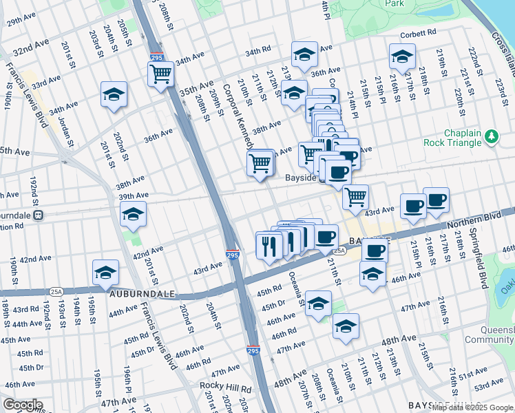 map of restaurants, bars, coffee shops, grocery stores, and more near 40-05 209th Street in Queens