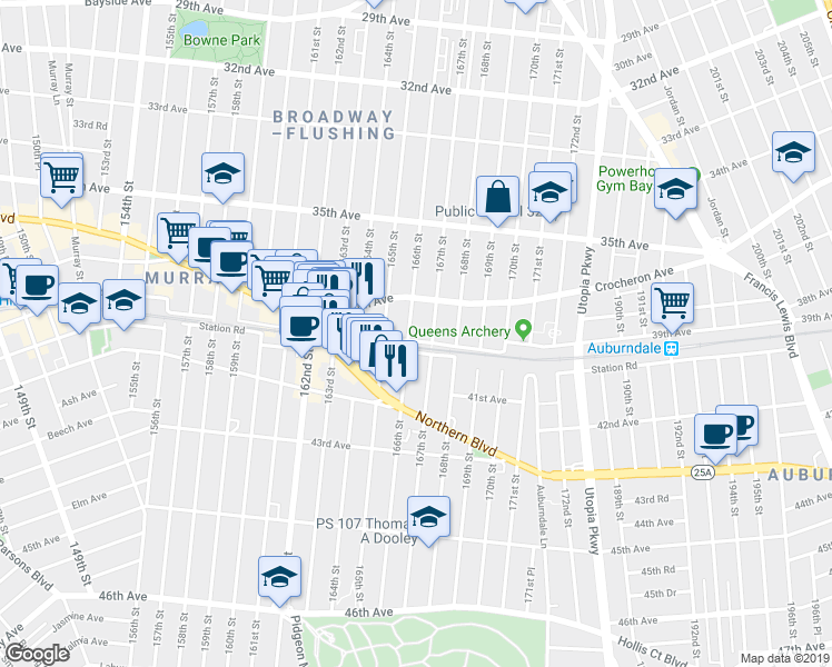map of restaurants, bars, coffee shops, grocery stores, and more near 36-06 166th Street in Queens