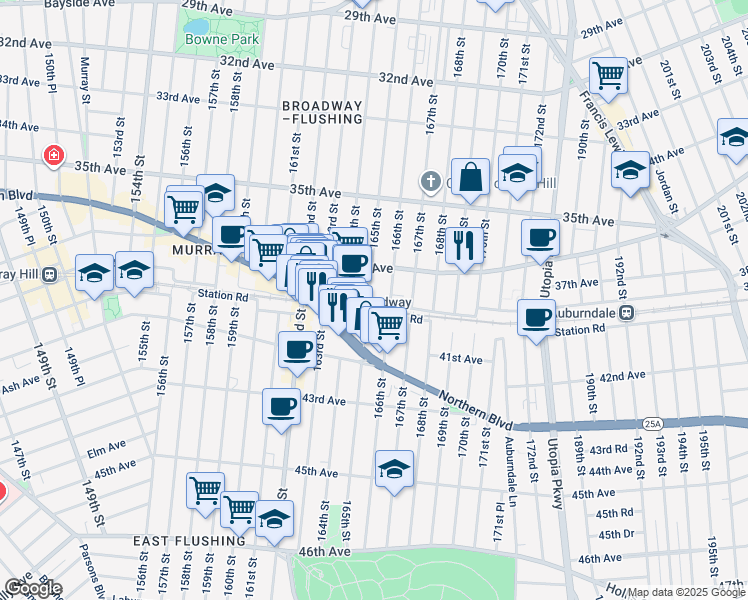map of restaurants, bars, coffee shops, grocery stores, and more near 36-06 166th Street in Queens