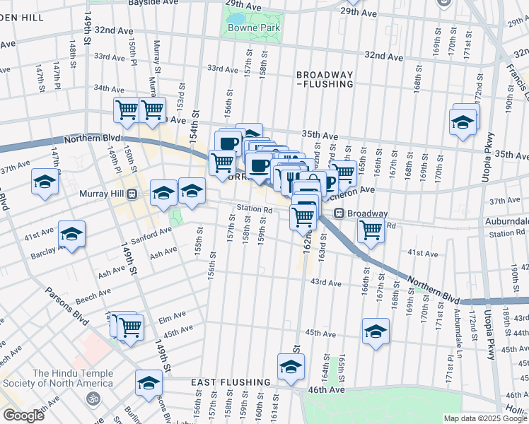 map of restaurants, bars, coffee shops, grocery stores, and more near 21 159th Street in Queens