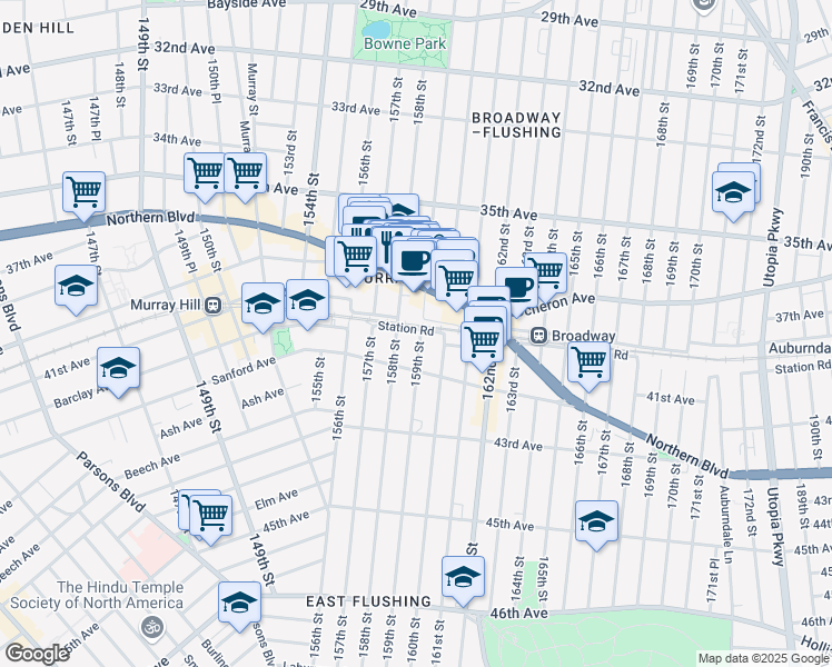 map of restaurants, bars, coffee shops, grocery stores, and more near 40-32 158th Street in Queens