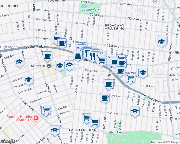 map of restaurants, bars, coffee shops, grocery stores, and more near 40-32 158th Street in Queens