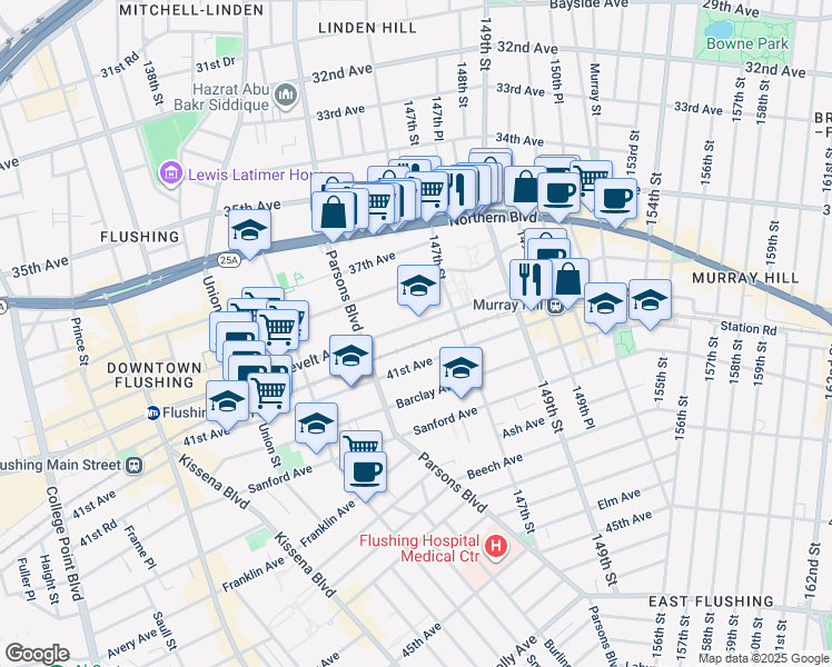 map of restaurants, bars, coffee shops, grocery stores, and more near 144-77 Roosevelt Avenue in Queens
