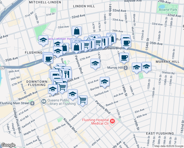 map of restaurants, bars, coffee shops, grocery stores, and more near 144-44 38th Avenue in Queens