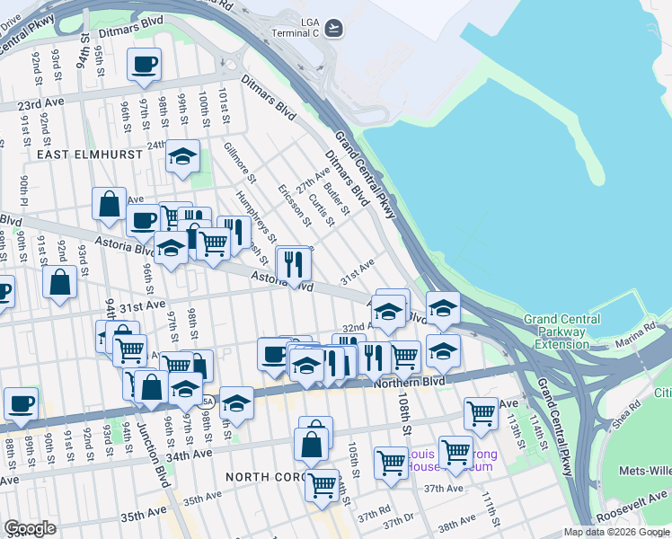 map of restaurants, bars, coffee shops, grocery stores, and more near 29-14 Ericsson Street in Queens