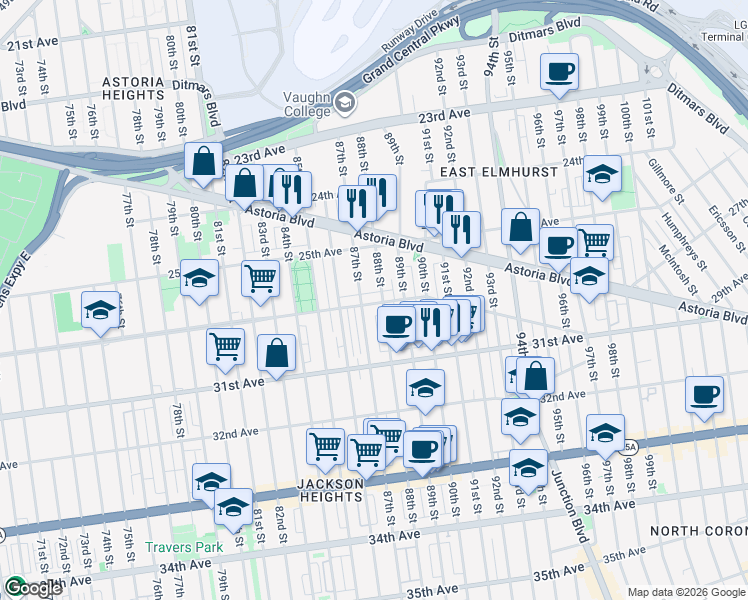 map of restaurants, bars, coffee shops, grocery stores, and more near 25-40 88th Street in Queens