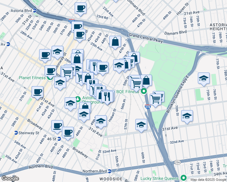 map of restaurants, bars, coffee shops, grocery stores, and more near 25-88 49th Street in Queens