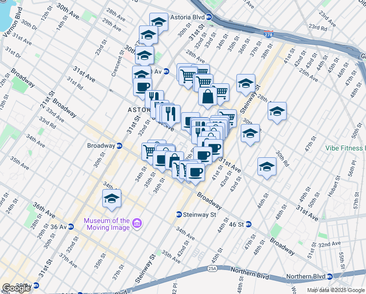 map of restaurants, bars, coffee shops, grocery stores, and more near 35-6 31st Avenue in Queens