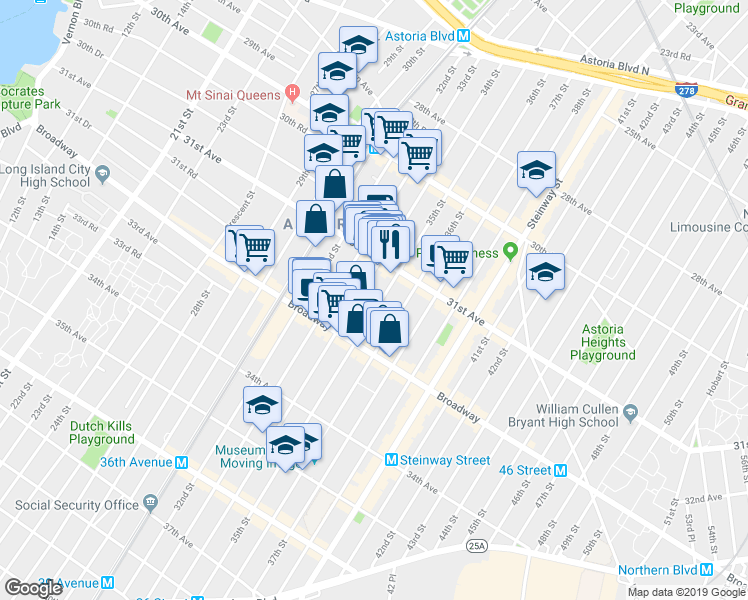 map of restaurants, bars, coffee shops, grocery stores, and more near 31-23 34th Street in Queens