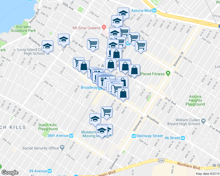 map of restaurants, bars, coffee shops, grocery stores, and more near 31-53 31st Street in Queens