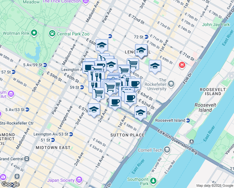 map of restaurants, bars, coffee shops, grocery stores, and more near 248 East 62nd Street in New York