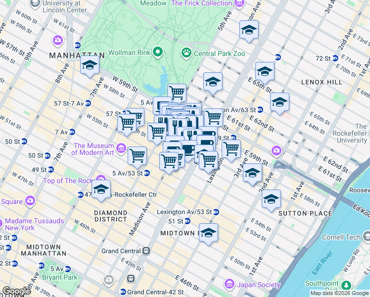 map of restaurants, bars, coffee shops, grocery stores, and more near 592 Madison Avenue in New York