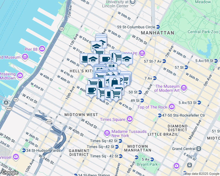 map of restaurants, bars, coffee shops, grocery stores, and more near 355 West 49th Street in New York