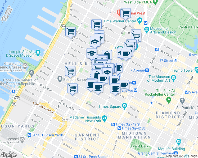 map of restaurants, bars, coffee shops, grocery stores, and more near 355 West 49th Street in New York