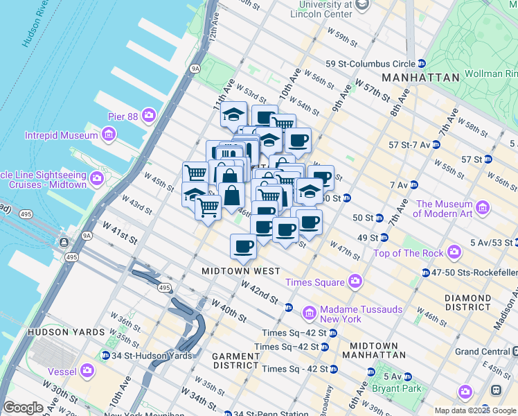 map of restaurants, bars, coffee shops, grocery stores, and more near 447 West 47th Street in New York