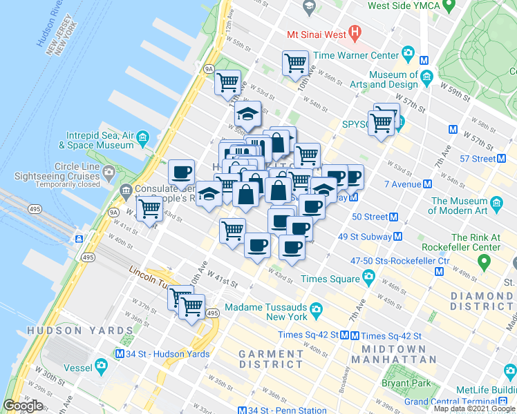 map of restaurants, bars, coffee shops, grocery stores, and more near 447 West 47th Street in New York