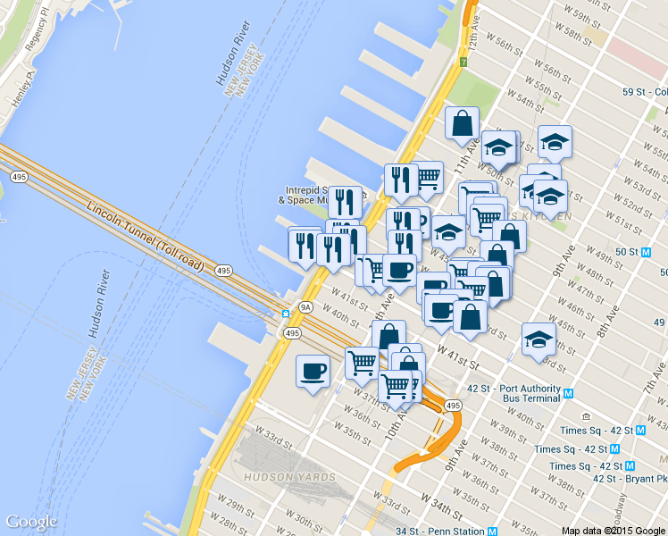 map of restaurants, bars, coffee shops, grocery stores, and more near 2005 Hudson River Greenway in New York
