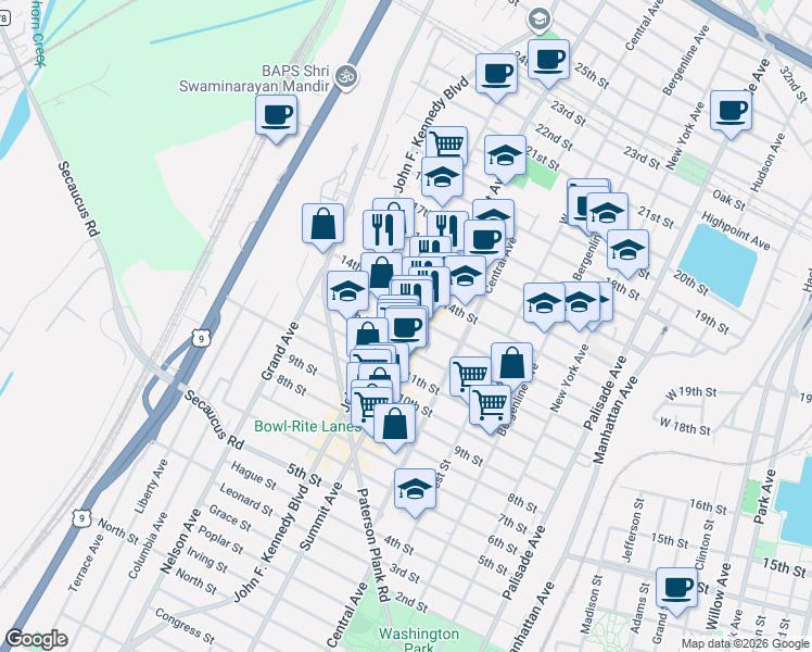 map of restaurants, bars, coffee shops, grocery stores, and more near 1311 Summit Avenue in Union City