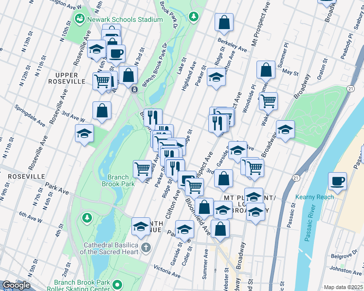 map of restaurants, bars, coffee shops, grocery stores, and more near 277 Ridge Street in Newark