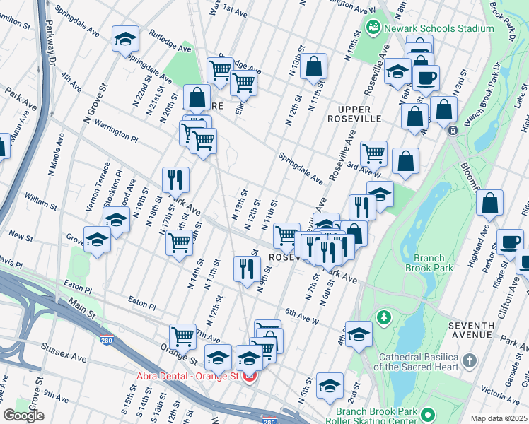 map of restaurants, bars, coffee shops, grocery stores, and more near 180 North 12th Street in Newark