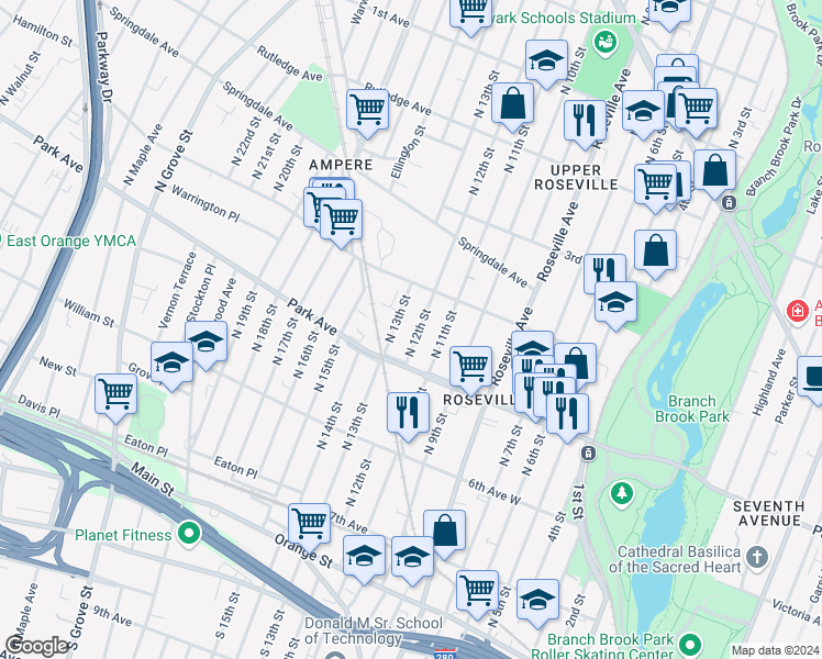 map of restaurants, bars, coffee shops, grocery stores, and more near 180 North 12th Street in Newark