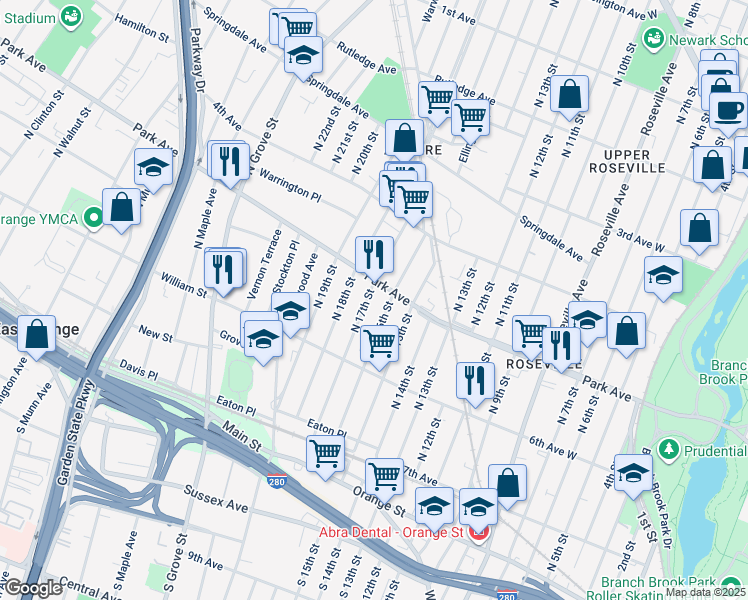 map of restaurants, bars, coffee shops, grocery stores, and more near 66 Park Avenue in East Orange