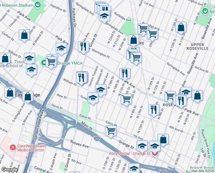map of restaurants, bars, coffee shops, grocery stores, and more near 172 Greenwood Avenue in East Orange