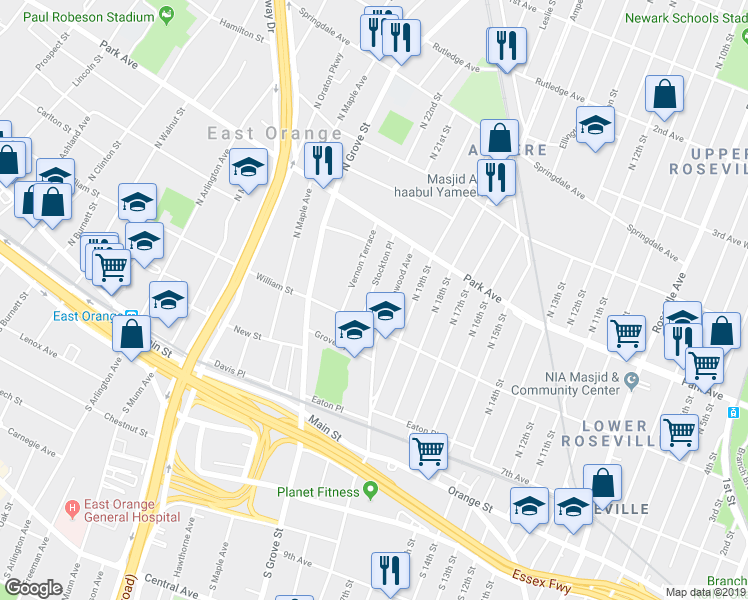 map of restaurants, bars, coffee shops, grocery stores, and more near 42 Stockton Place in East Orange