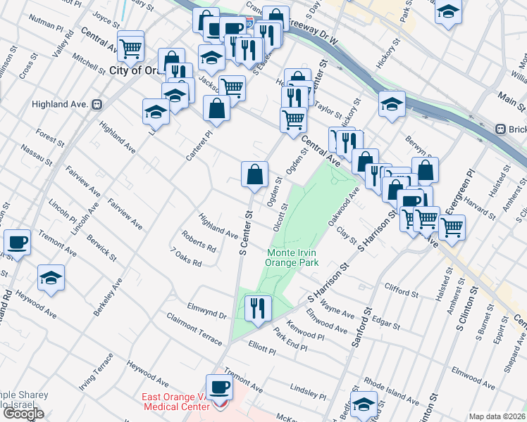 map of restaurants, bars, coffee shops, grocery stores, and more near 343 Ogden Street in City of Orange