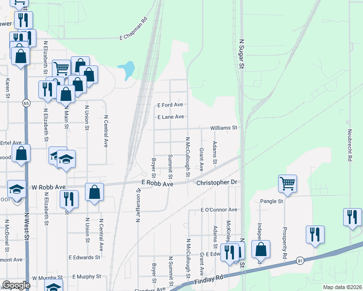 map of restaurants, bars, coffee shops, grocery stores, and more near 724 Williams Street in Lima