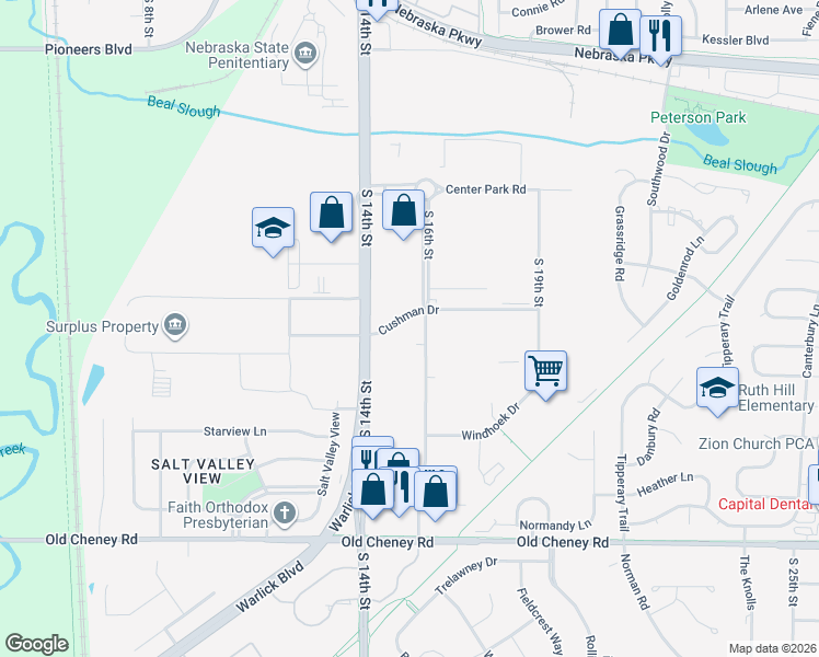 map of restaurants, bars, coffee shops, grocery stores, and more near 1400 Cushman Drive in Lincoln