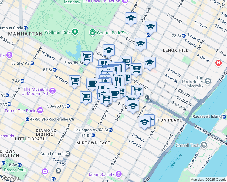 map of restaurants, bars, coffee shops, grocery stores, and more near 133 East 58th Street in New York