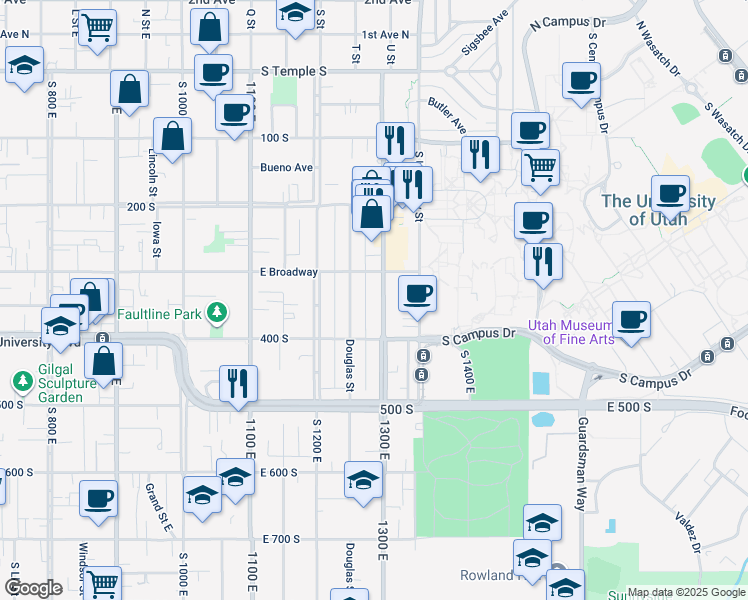 map of restaurants, bars, coffee shops, grocery stores, and more near 334 1300 East in Salt Lake City
