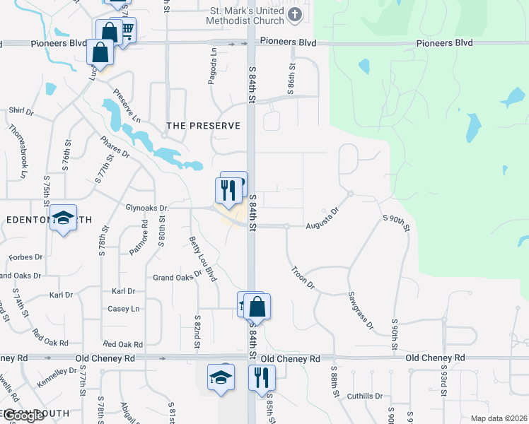 map of restaurants, bars, coffee shops, grocery stores, and more near 8401 Pinehill Lane in Lincoln