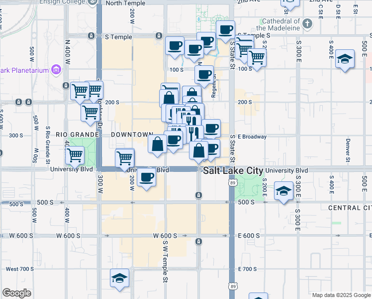 map of restaurants, bars, coffee shops, grocery stores, and more near 35 West Broadway in Salt Lake City