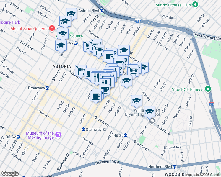 map of restaurants, bars, coffee shops, grocery stores, and more near 38-05 31st Avenue in Queens