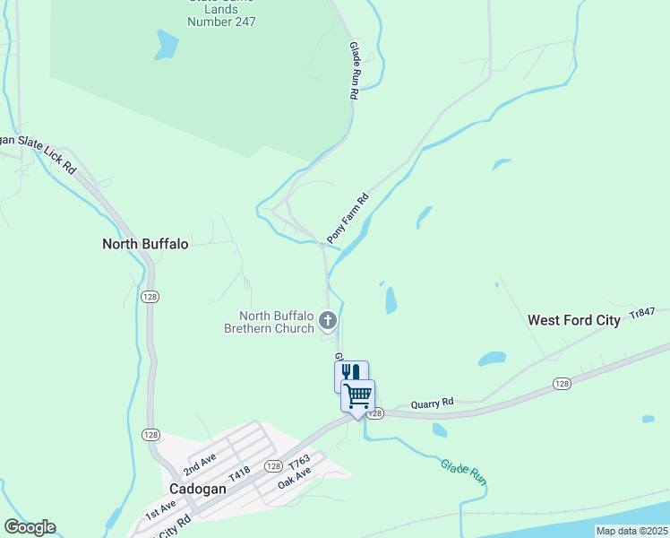 map of restaurants, bars, coffee shops, grocery stores, and more near 162 Glade Run Road in Kittanning