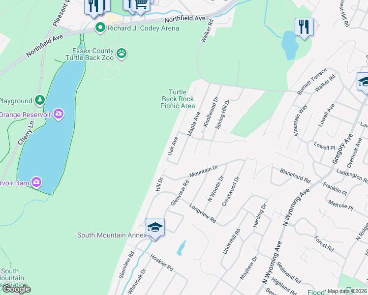 map of restaurants, bars, coffee shops, grocery stores, and more near 60 Maple Avenue in West Orange
